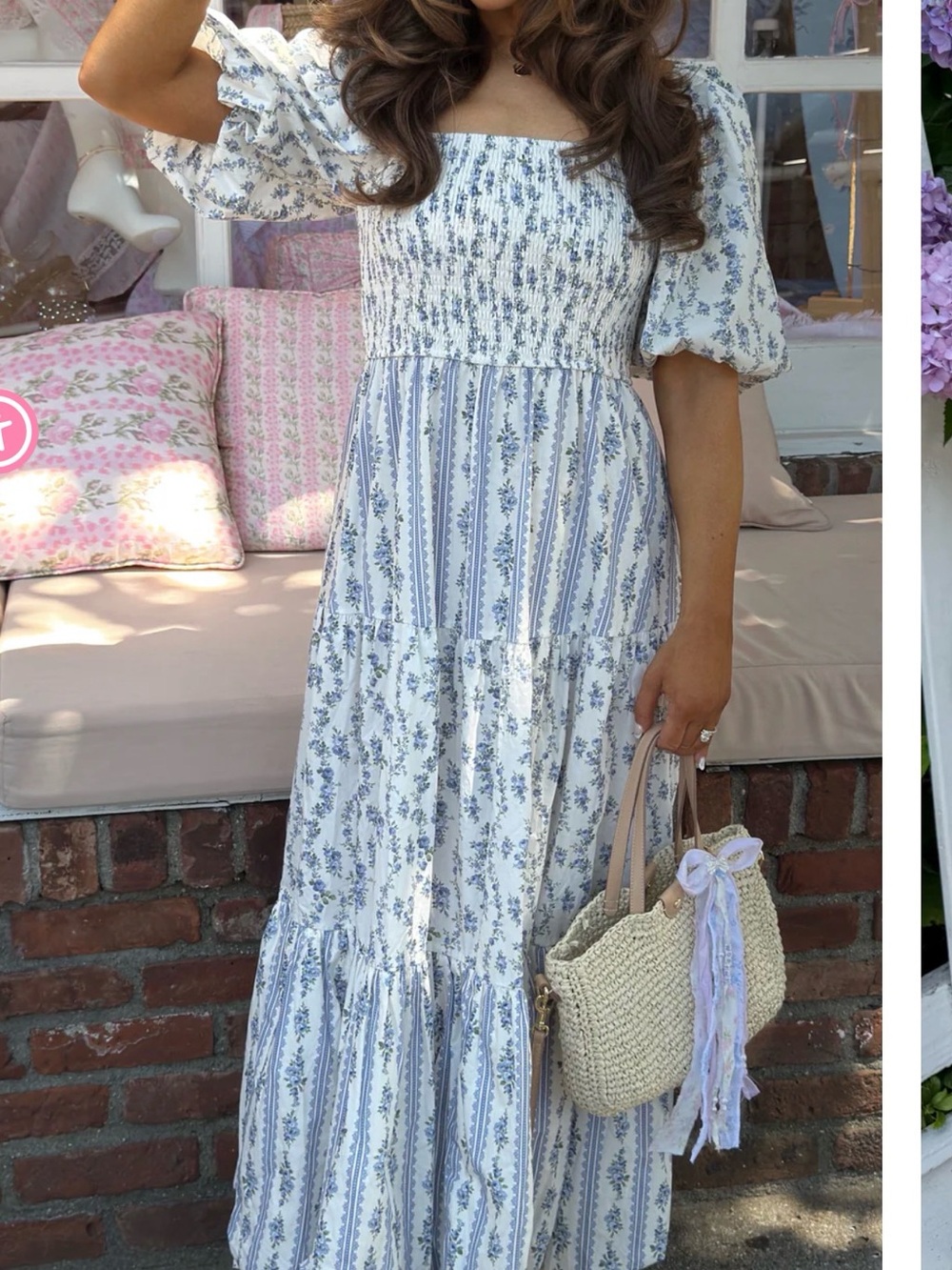Peach Love Blue & White Floral Smocked Maxi Dress
